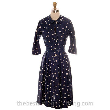 Vintage 1950s Dress Silk Navy Blue & Cream Cotton Ball Print 3/4 Sleeves Small 6-8 Women's,New Arrivals The Best Vintage Clothing