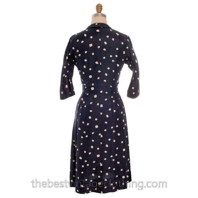 Vintage 1950s Dress Silk Navy Blue & Cream Cotton Ball Print 3/4 Sleeves Small 6-8 Women's,New Arrivals The Best Vintage Clothing