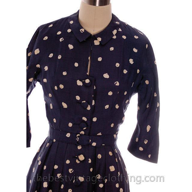 Vintage 1950s Dress Silk Navy Blue & Cream Cotton Ball Print 3/4 Sleeves Small 6-8 Women's,New Arrivals The Best Vintage Clothing