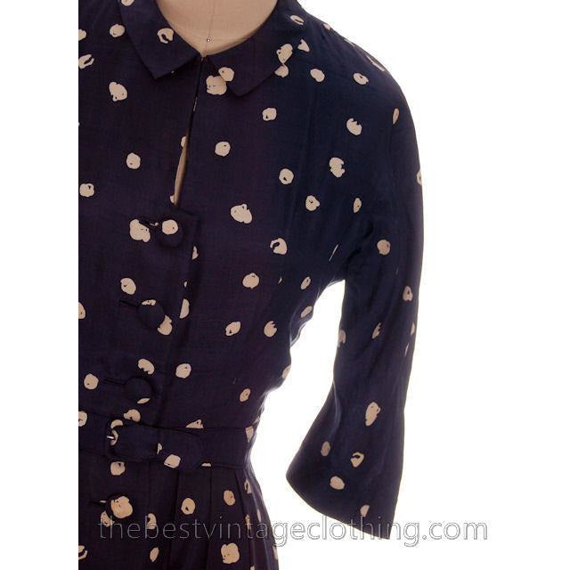 Vintage 1950s Dress Silk Navy Blue & Cream Cotton Ball Print 3/4 Sleeves Small 6-8 Women's,New Arrivals The Best Vintage Clothing