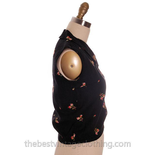 Beautiful Vintage Linen Sleeveless Blouse Black w/ Pink Roses Embroidery 1950s Small Women's,New Arrivals The Best Vintage Clothing