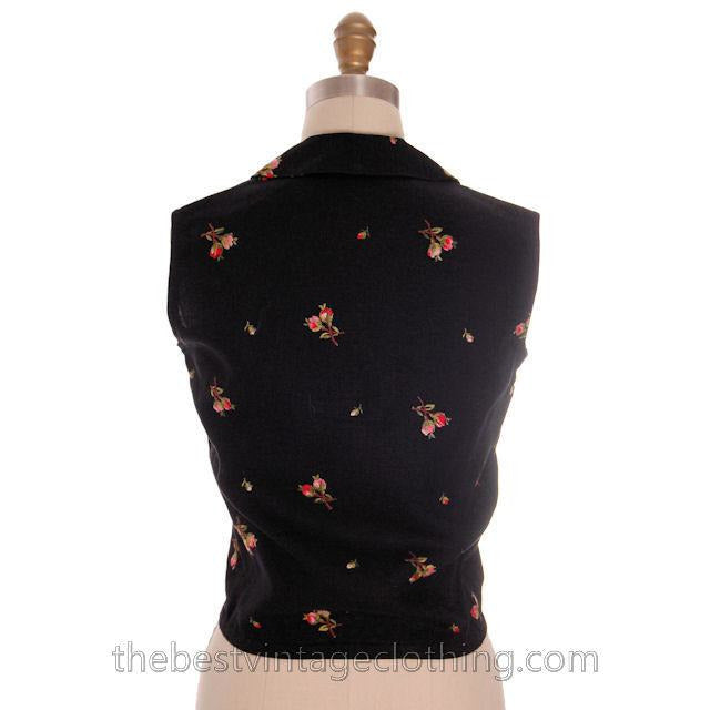 Beautiful Vintage Linen Sleeveless Blouse Black w/ Pink Roses Embroidery 1950s Small Women's,New Arrivals The Best Vintage Clothing