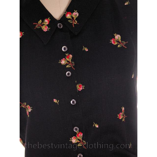 Beautiful Vintage Linen Sleeveless Blouse Black w/ Pink Roses Embroidery 1950s Small Women's,New Arrivals The Best Vintage Clothing
