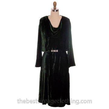 Vintage Antique 1920s Evergreen Silk Velvet Dress & Jacket Art Deco Beauty S-M Women's,New Arrivals The Best Vintage Clothing