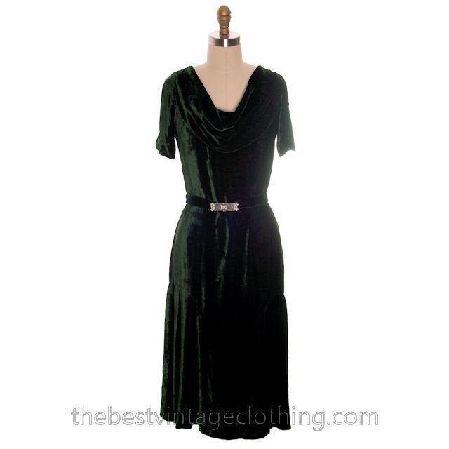 Vintage Antique 1920s Evergreen Silk Velvet Dress & Jacket Art Deco Beauty S-M Women's,New Arrivals The Best Vintage Clothing
