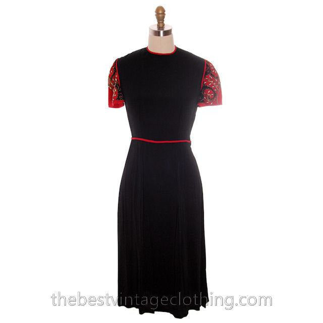 Vintage 1940s Dress Black Rayon Fabulous Red Embellished Sleeves Medium Women's,New Arrivals The Best Vintage Clothing