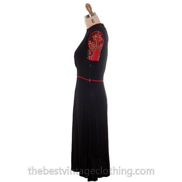 Vintage 1940s Dress Black Rayon Fabulous Red Embellished Sleeves Medium Women's,New Arrivals The Best Vintage Clothing