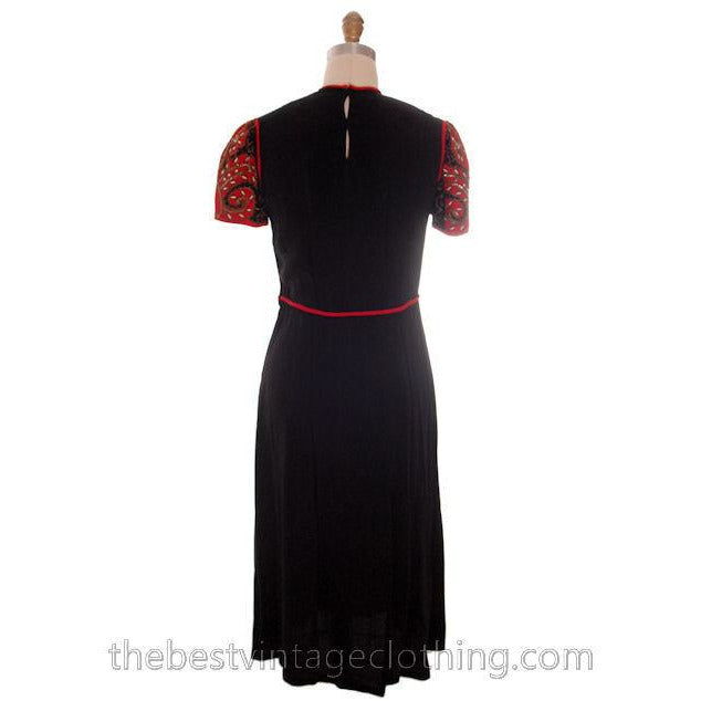 Vintage 1940s Dress Black Rayon Fabulous Red Embellished Sleeves Medium Women's,New Arrivals The Best Vintage Clothing