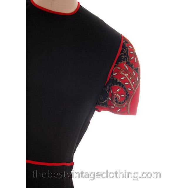 Vintage 1940s Dress Black Rayon Fabulous Red Embellished Sleeves Medium Women's,New Arrivals The Best Vintage Clothing