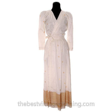 Vintage Dress Gown 1970s Maxi White Silk | Gold Metallic Border Print Paisleys Small Women's vendor-unknown