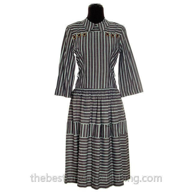 Vintage 1940s Day Dress Cotton Gray Seafoam Green Stripes Bows Adorable Long Sleeves S- M Women's,New Arrivals The Best Vintage Clothing