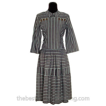 Vintage 1940s Day Dress Cotton Gray Seafoam Green Stripes Bows Adorable Long Sleeves S- M Women's,New Arrivals The Best Vintage Clothing