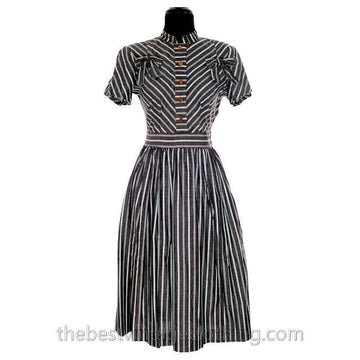 Vintage 1940s Day Dress Cotton Gray Seafoam Green Stripes Bows Adorable Short Sleeves S- M Women's,New Arrivals The Best Vintage Clothing