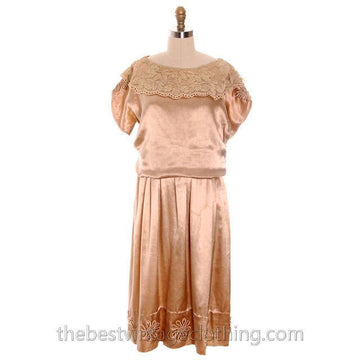 Vintage 1920s Dress Gold Silk Satin Fantastic Lace Collar Soutache Medium Downton Abbey S- M Women's,New Arrivals The Best Vintage Clothing