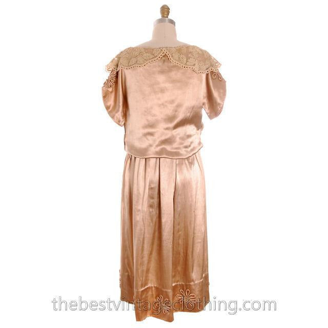 Vintage 1920s Dress Gold Silk Satin Fantastic Lace Collar Soutache Medium Downton Abbey S- M Women's,New Arrivals The Best Vintage Clothing