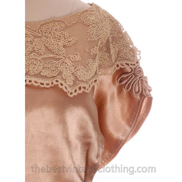 Vintage 1920s Dress Gold Silk Satin Fantastic Lace Collar Soutache Medium Downton Abbey S- M Women's,New Arrivals The Best Vintage Clothing