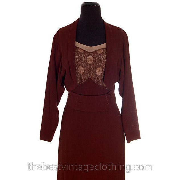 Vintage 1930s 2 PC Gown Dress Long Brown Rayon Crepe Matching Jacket Small Women's,New Arrivals The Best Vintage Clothing