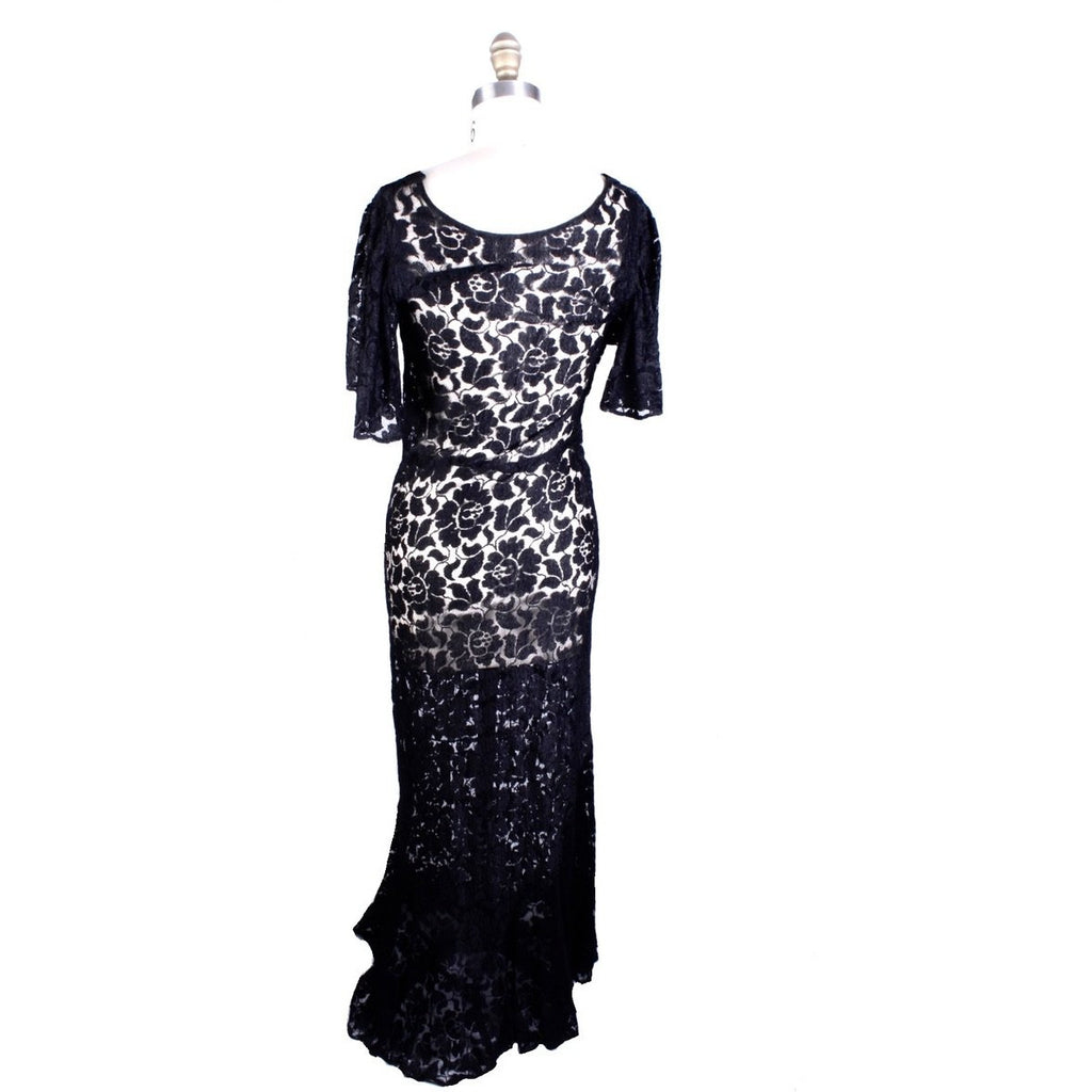 Womens 1930s Antique Vintage Bias Cut Black Lace Gown Flutter Sleeves S/M dress The Best Vintage Clothing