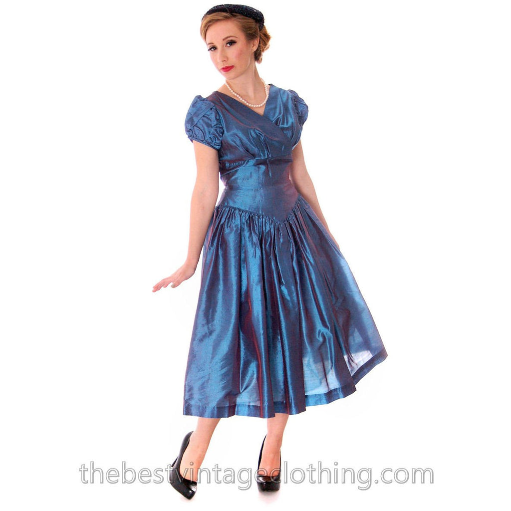 Vintage Party Dress Changeable Iridescent Blue Taffeta Full Skirt Ultra 1950s 32-24-Free The Best Vintage Clothing
