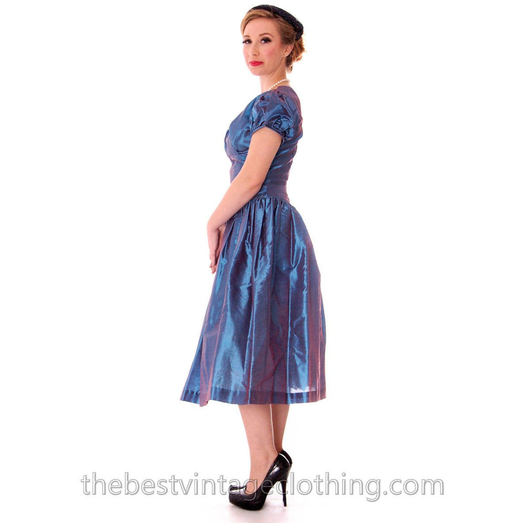 Vintage Party Dress Changeable Iridescent Blue Taffeta Full Skirt Ultra 1950s 32-24-Free The Best Vintage Clothing