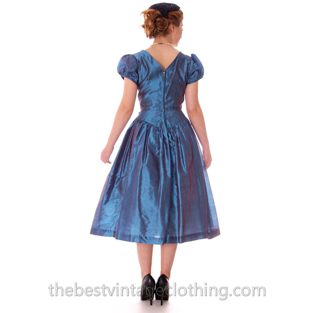 Vintage Party Dress Changeable Iridescent Blue Taffeta Full Skirt Ultra 1950s 32-24-Free The Best Vintage Clothing