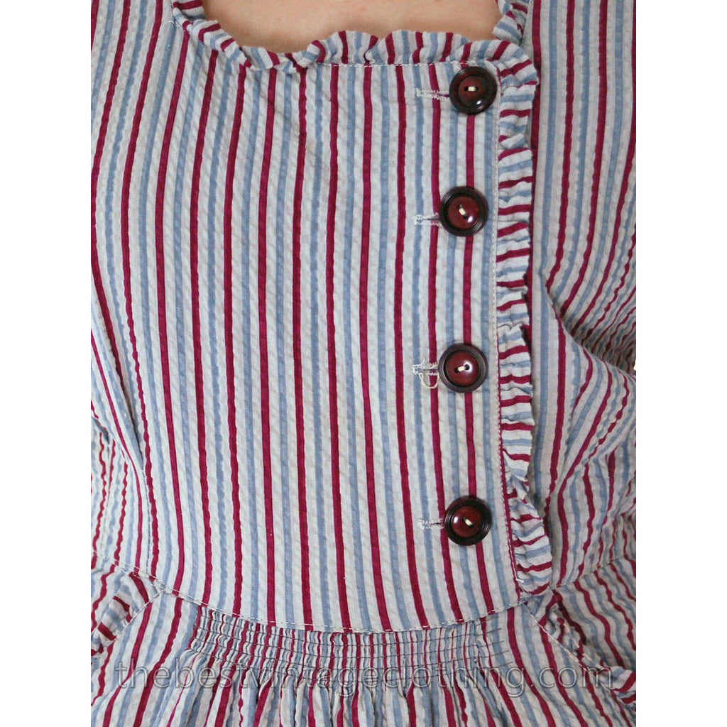 Early 1940s VTG House Dress Blue Red Striped Seersucker 37-25-38 Junior Center Guernsey Pie dress The Best Vintage Clothing