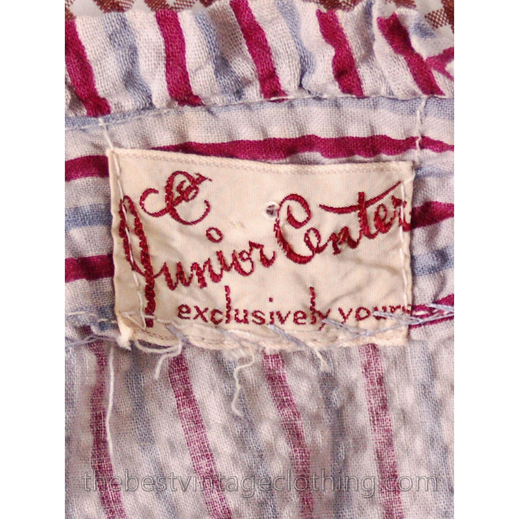 Early 1940s VTG House Dress Blue Red Striped Seersucker 37-25-38 Junior Center Guernsey Pie dress The Best Vintage Clothing