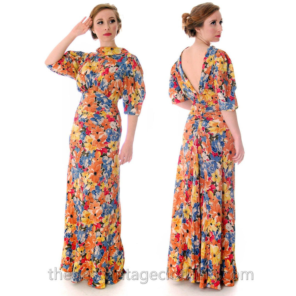 Vintage 1930s Bias Cut Floral Silk Gown Backless Maxi Dress 36-27-36 The Best Vintage Clothing