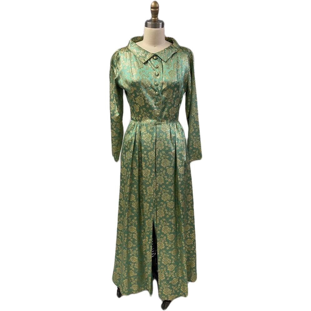 60's FLOBERT Rockabilly Lounge Set Long Robe/Cigarette Pants Green Gold Brocade New Arrivals The Best Vintage Clothing