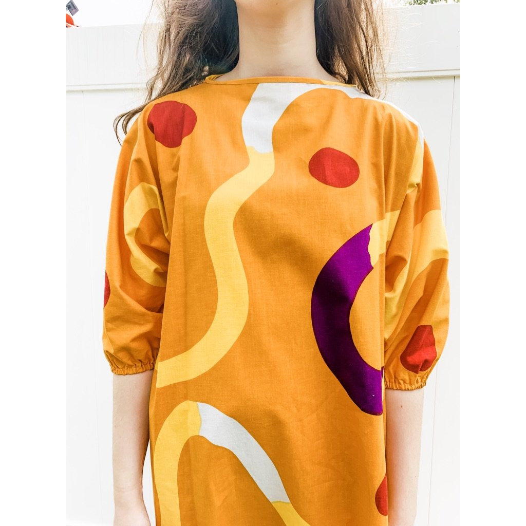 Vintage Marimekko Gown ”Mutka” Pentti Rinta 1975 O/S Cotton Gold Purple Dot Sack Dress marimekko The Best Vintage Clothing