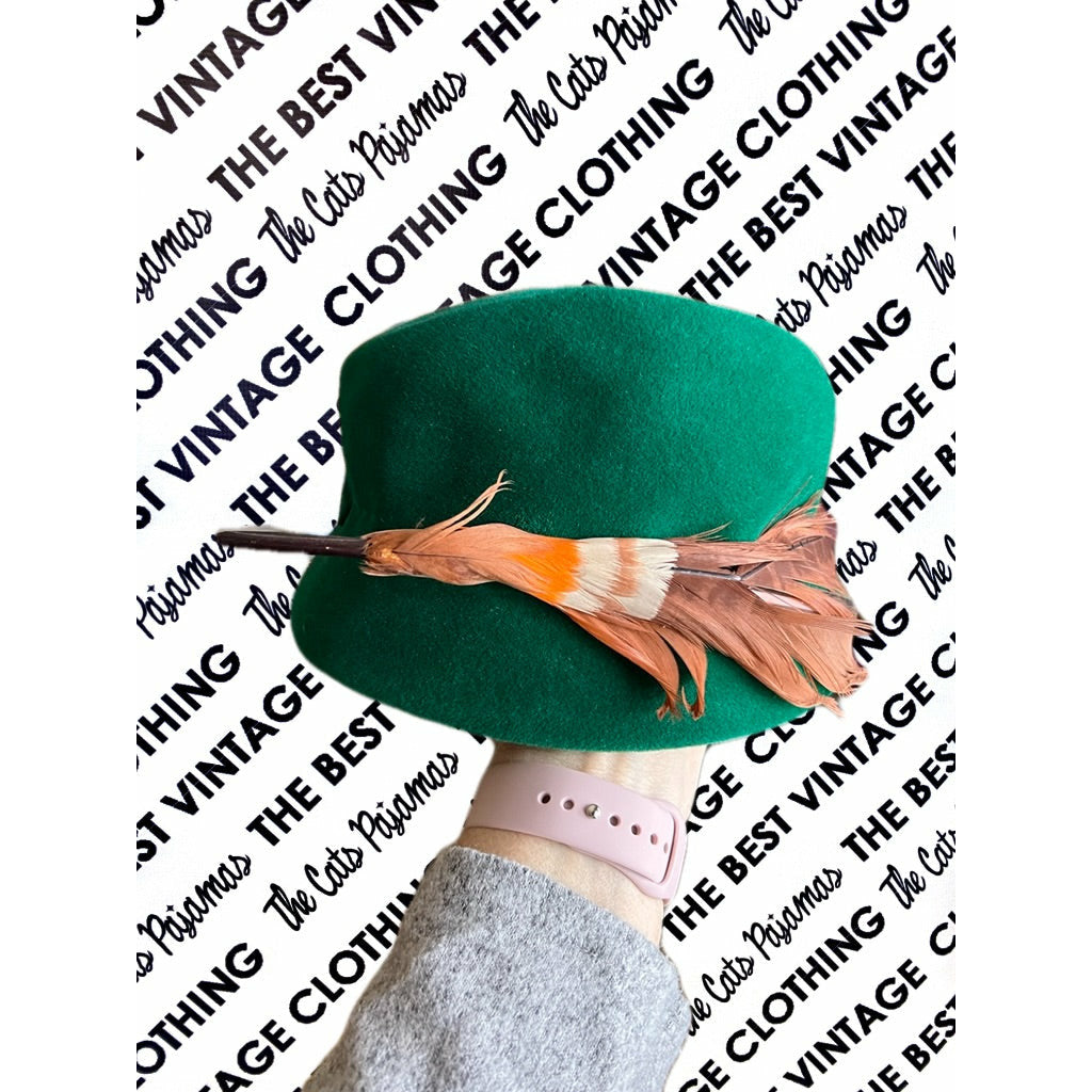 Vintage Lazarus Bucket Hat 50s Emerald Green Velour Sweeping Feather Church O/S Hats The Best Vintage Clothing