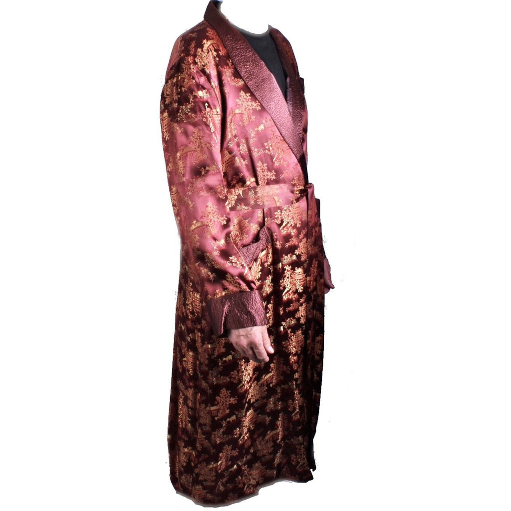Vintage Mens Rayon Damask Robe Asian 1940s L XL Maroon Gold WW2 Men's Vintage,New Arrivals The Best Vintage Clothing