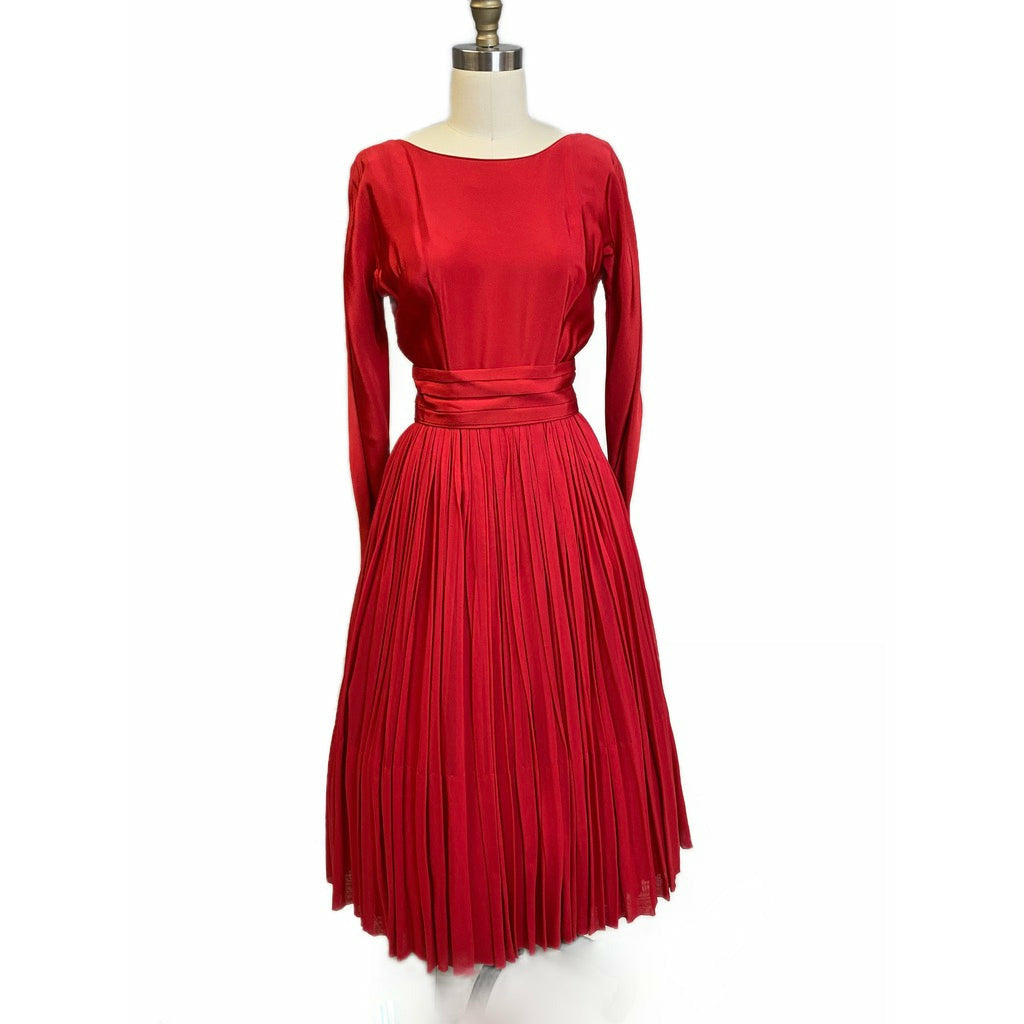 1940s Vintage Cocktail Dress Red L'Aiglon Wide Waist Sheer Skirt Sleek M Dresses The Best Vintage Clothing