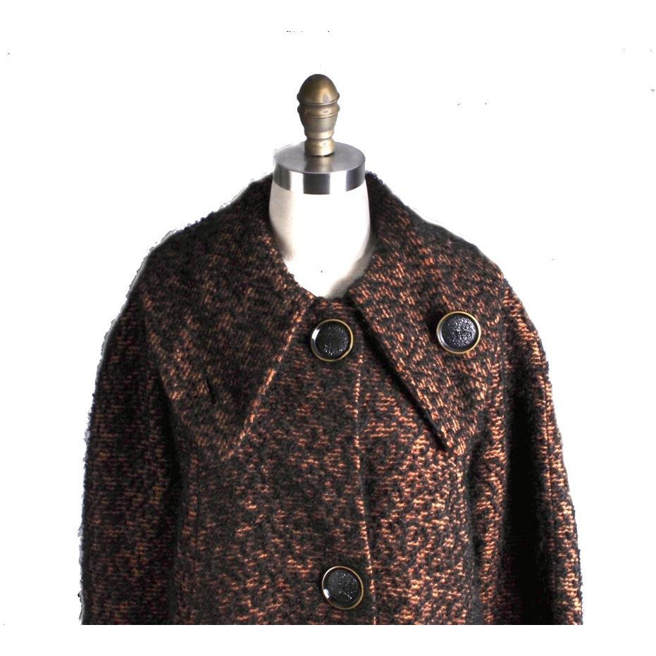 Vintage 1950s Retro Swing Coat Brown/Black Boucle M/L Womens Big Collar The Best Vintage Clothing