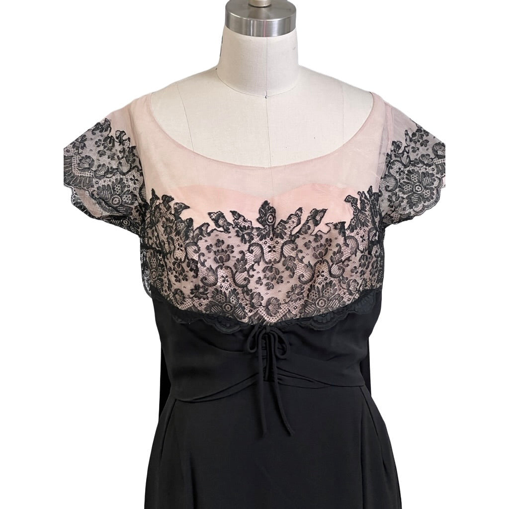Vintage Black /Pink Rayon & Lace Cocktail Hobble Dress Wiggle Train 1950s 40-30-43 Women's The Best Vintage Clothing