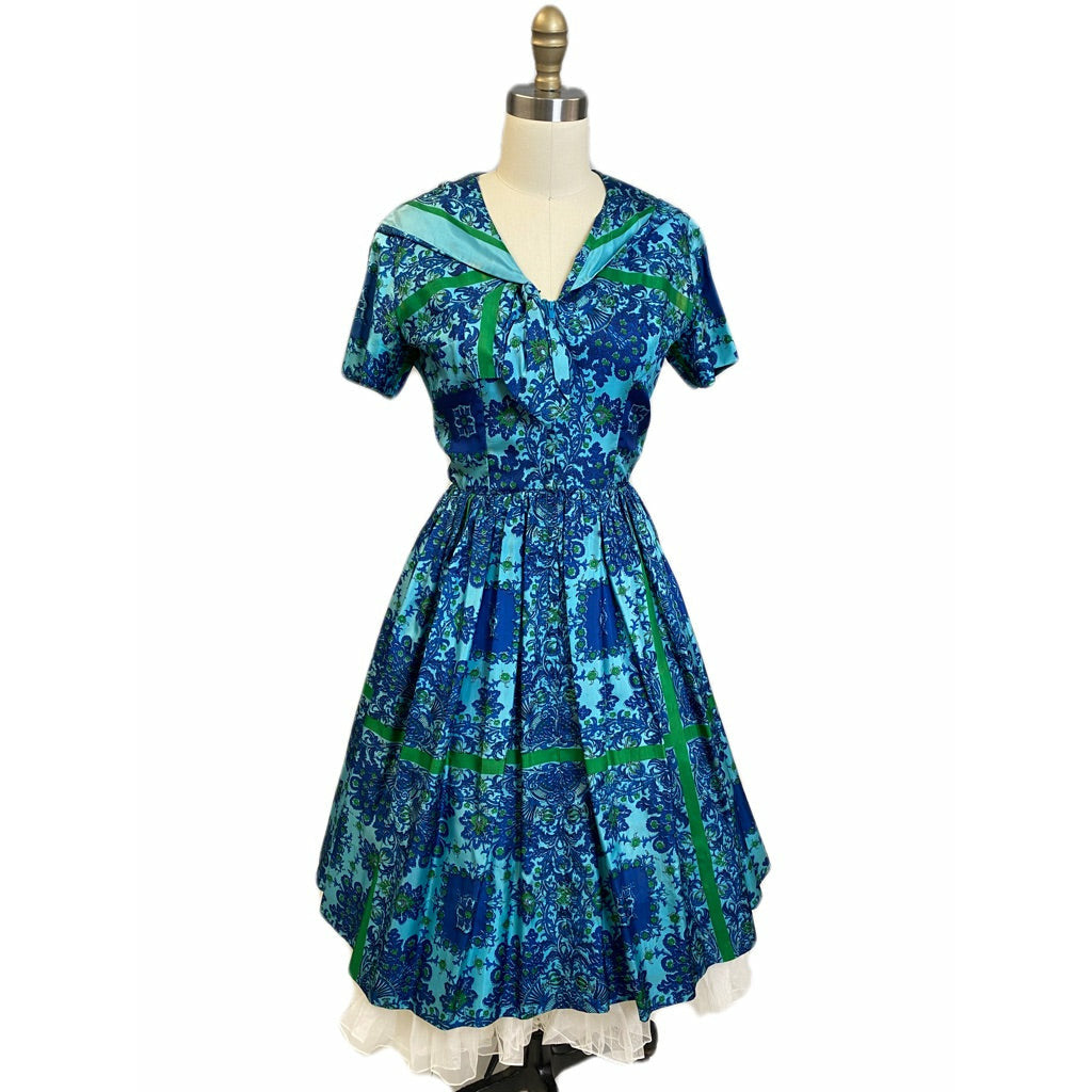 VTG Arkay Silk Dress 50s Hooded Unique Blue Floral Border S Day Dress Zip Front Dresses The Best Vintage Clothing