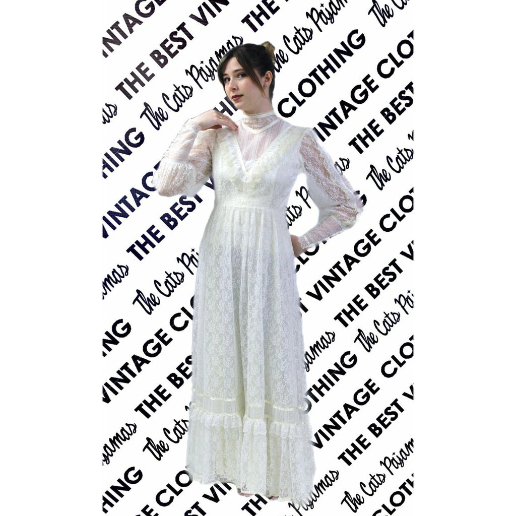 VTG 70s Jessica Mcclintock Gunne Sax White Floral Lace Wedding Dress S NWOT Dresses The Best Vintage Clothing
