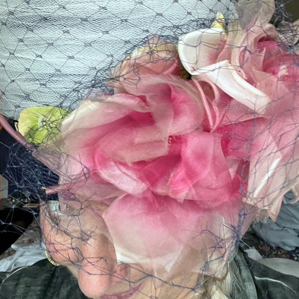 Vintage Womens Hat Mr. M Garden Party Blue Straw Huge Silk Roses 1950s O/S Hats The Best Vintage Clothing