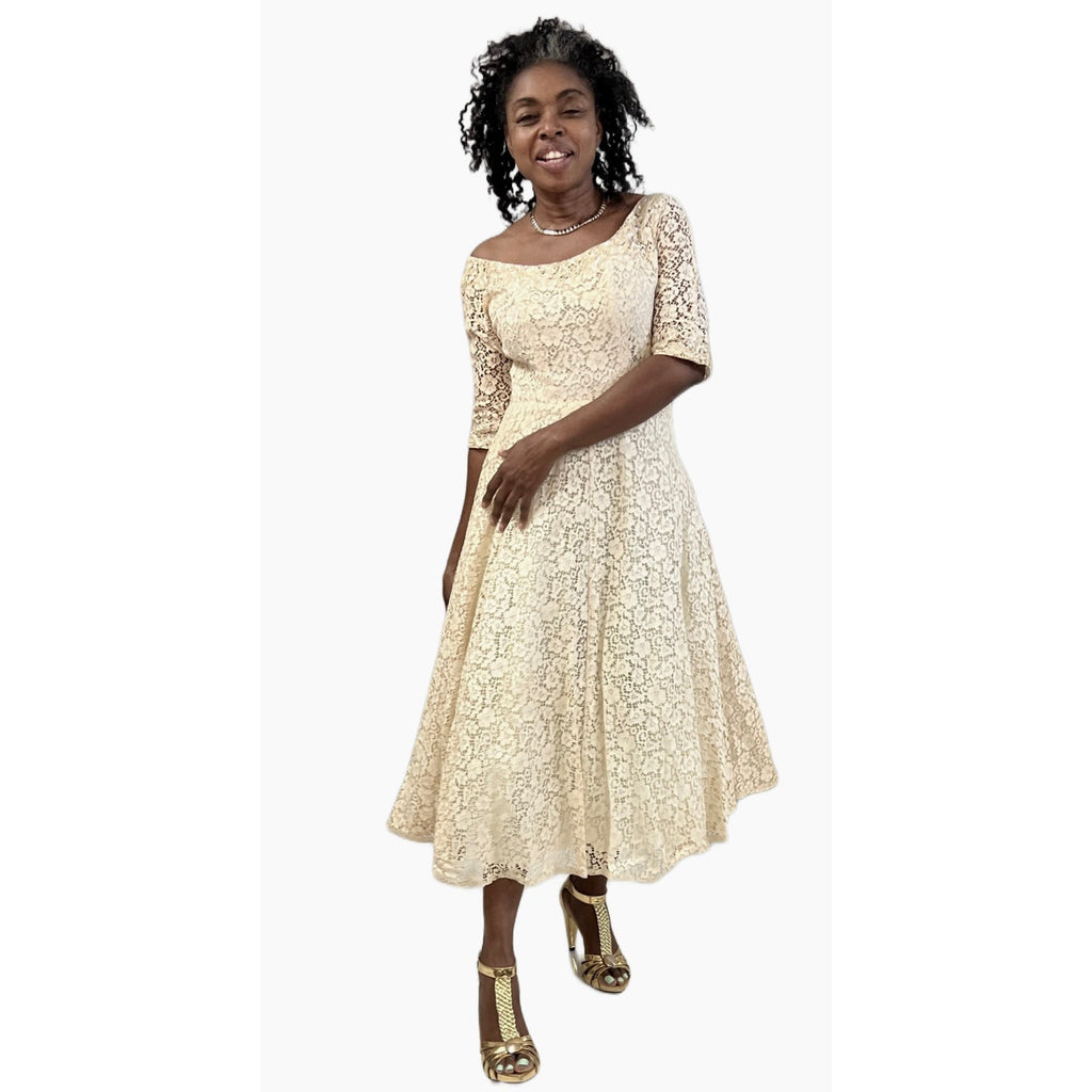 1950s Ivory Cotton Lace Gown Party / Wedding XS Circle Skirt Off Shoulder Sparkly The Best Vintage Clothing