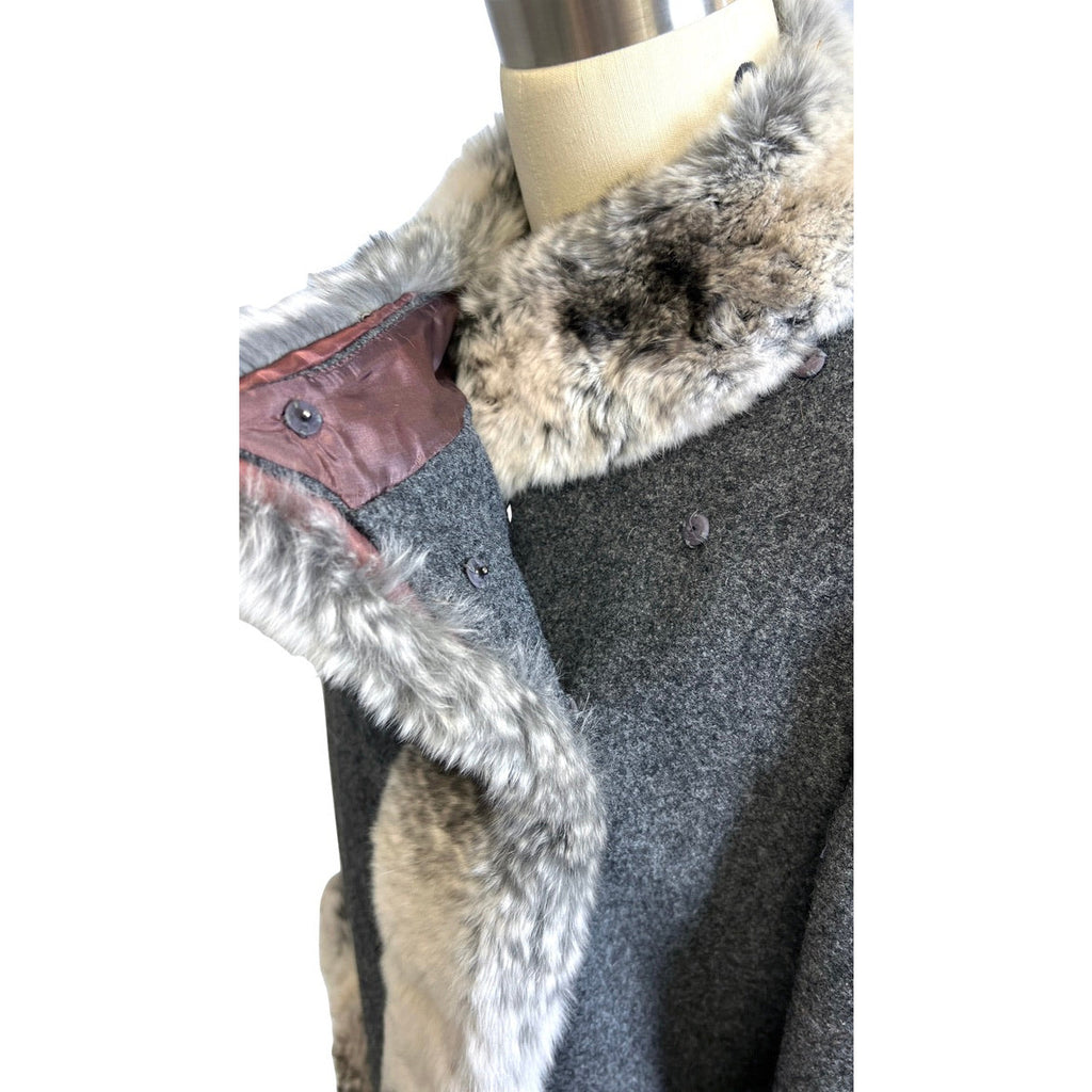 Vtg 1970s Boxy Charcoal Gray Wool Jacket Chinchilla Fur Trim Womens M coat The Best Vintage Clothing
