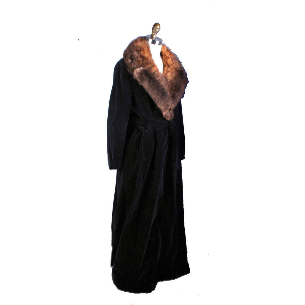 1970s Womens Maxi Coat Black Cotton Velvet Wrap Fur Trim M/L Super 70s The Best Vintage Clothing