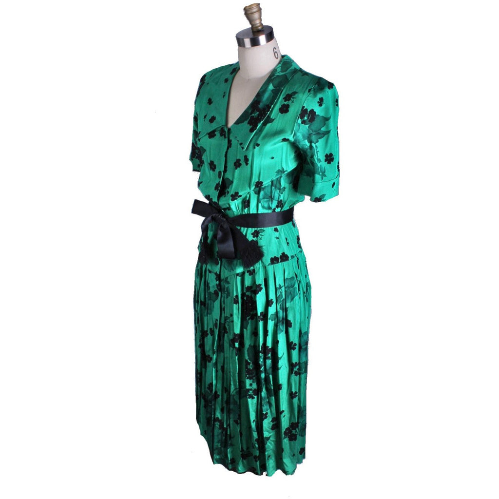 Vintage 1980s Dress Green Black Print Rayon 40s Look Womens Sz S Hip Drape dresses The Best Vintage Clothing