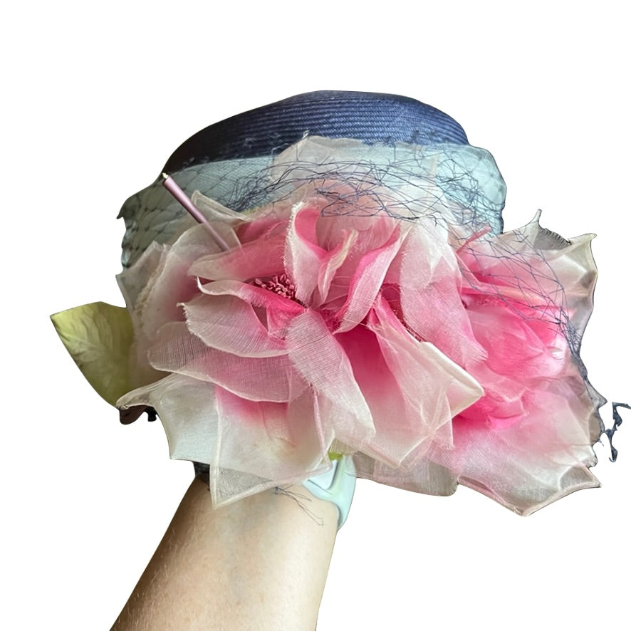 Vintage Womens Hat Mr. M Garden Party Blue Straw Huge Silk Roses 1950s O/S Hats The Best Vintage Clothing