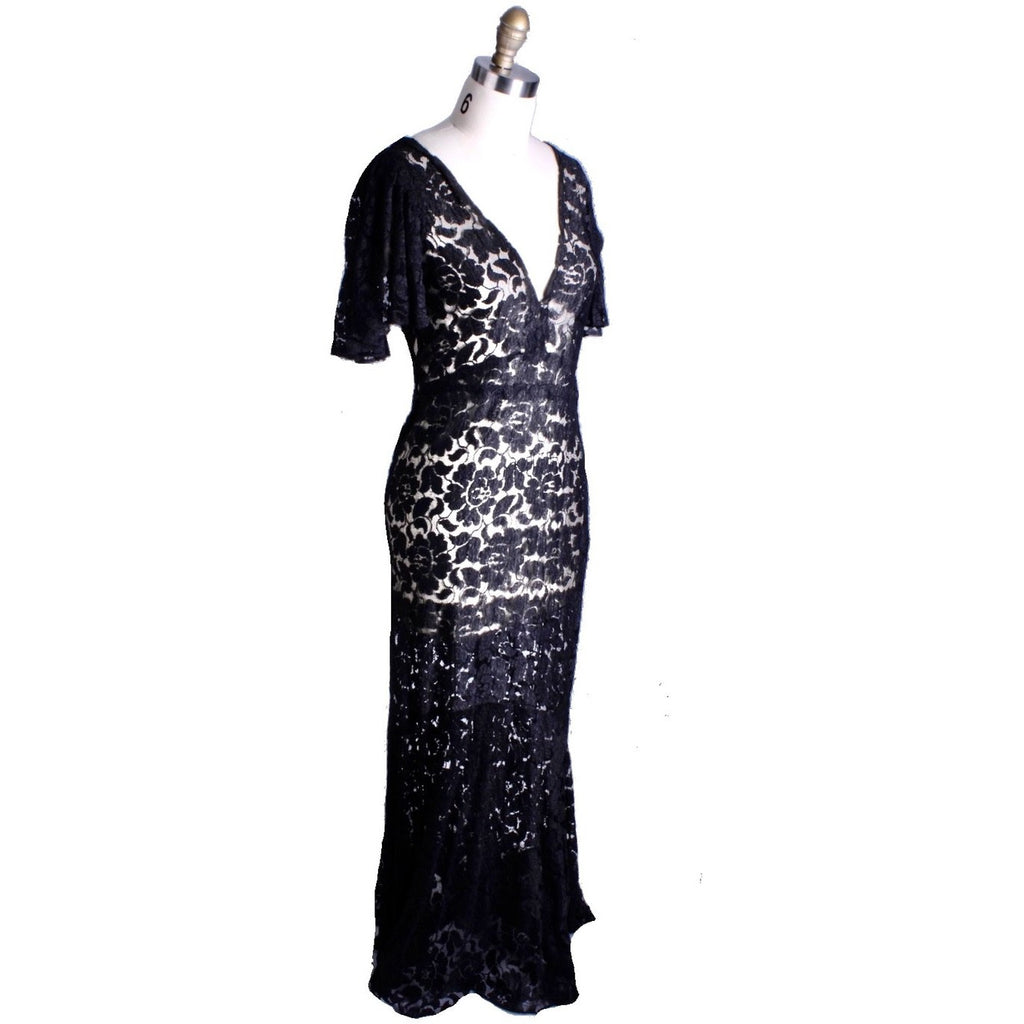 Womens 1930s Antique Vintage Bias Cut Black Lace Gown Flutter Sleeves S/M dress The Best Vintage Clothing