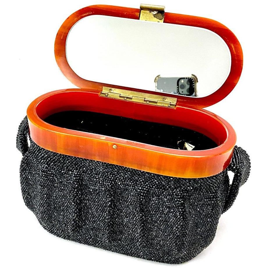 Vintage Box Purse Black Glass Beaded Bag 1940S Womens Butterscotch Bakelite Top Handbags The Best Vintage Clothing