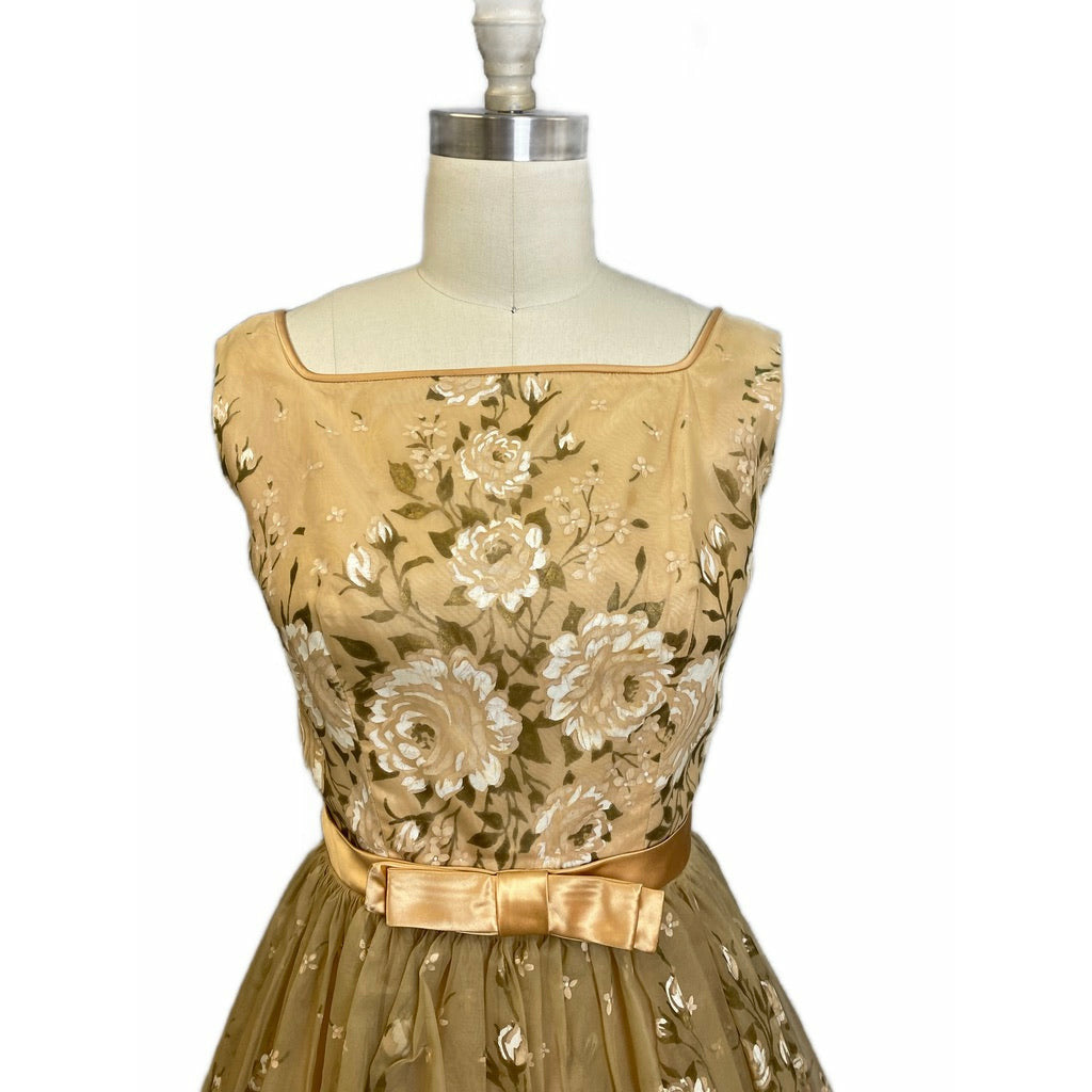 VTG Dress 50s Sheer Nylon Overlay Full Skirt Day/Party Gold White Hand Painted S Dresses The Best Vintage Clothing