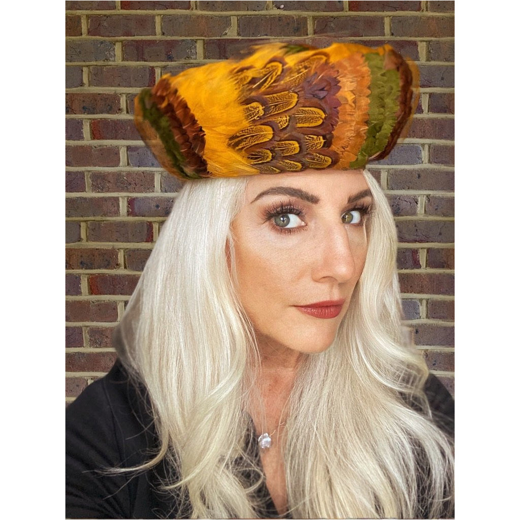 Vintage Womens Feather Pheasant Hat Stunning Gold Breton 21" 1950s Marvelous Maisel The Best Vintage Clothing