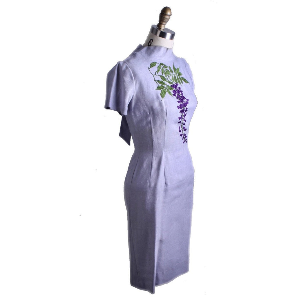 Vintage Jeane Scott Wiggle Dress 1950s Lavender Linen Wisteria Motif Womens S Women's,New Arrivals The Best Vintage Clothing