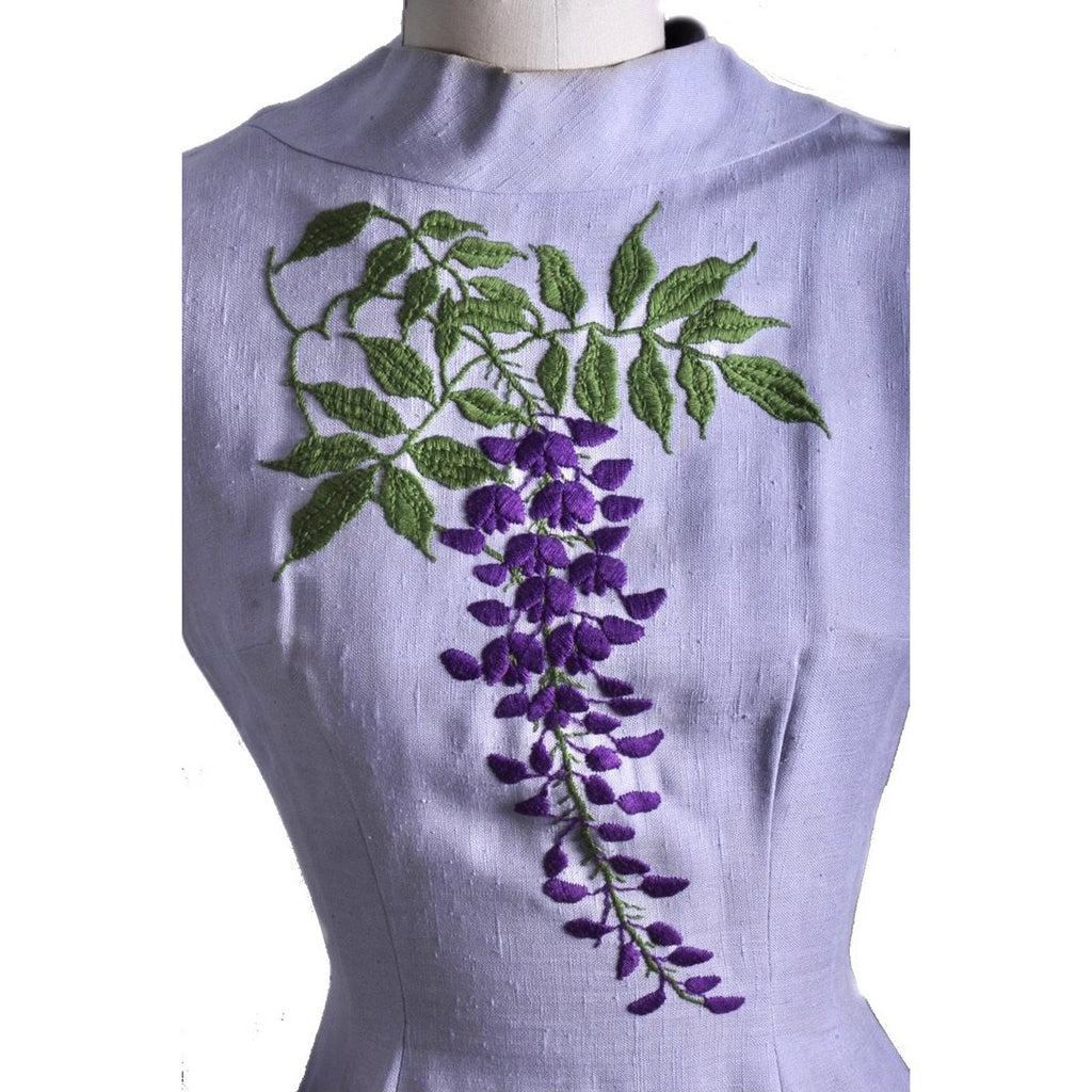 Vintage Jeane Scott Wiggle Dress 1950s Lavender Linen Wisteria Motif Womens S Women's,New Arrivals The Best Vintage Clothing