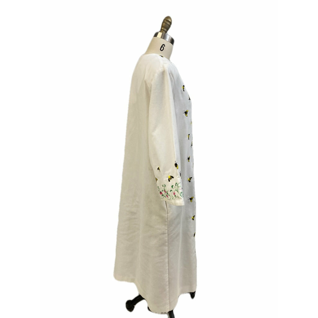 Vintage Flo Weinberg "Bees" Zip Up Robe 1970s M/L White Poly Cotton Robes The Best Vintage Clothing